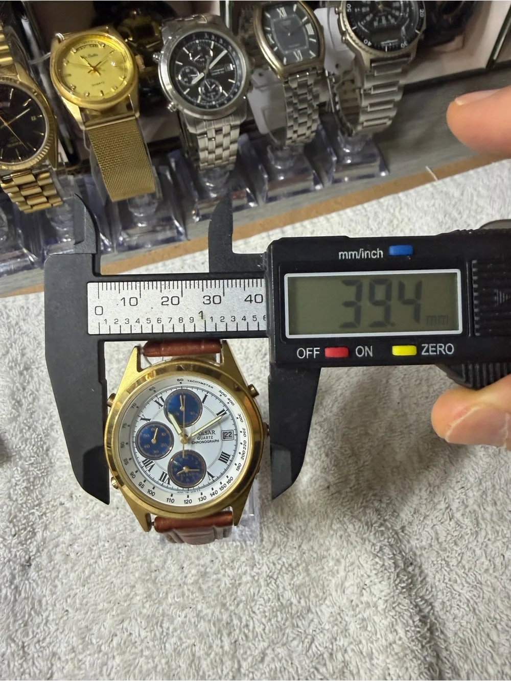 Pulsar Gold-Tone Chronograph Watch with Blue Subdials and Brown Strap
